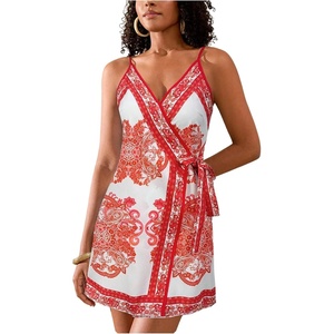 image:imageRoseSeek Womens Tropical Print Cami Dress Sleeveless Wrap V Neck Tie Knot Boho Short DressesRed