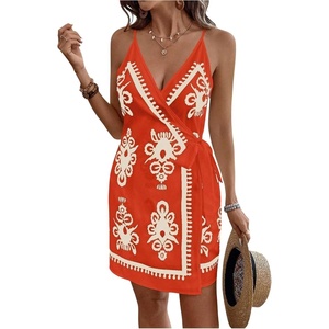 image:imageRoseSeek Womens Tropical Print Cami Dress Sleeveless Wrap V Neck Tie Knot Boho Short DressesRed and White