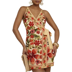 image:imageRoseSeek Womens Tropical Print Cami Dress Sleeveless Wrap V Neck Tie Knot Boho Short DressesYellow