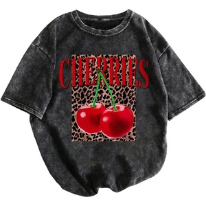 image:imageRoseSeek Womens Washed T Shirt Short Sleeve Leopard Cherry Graphic Tees Casual Summer Tops StreetwearBlack