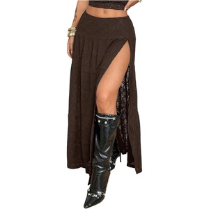 image:imageRoseSeek Womens Western Boho Lace Maxi Skirt Low Rise High Slit Flowy Country Cowgirl Skirts Trendy OutfitsCoffee Brown