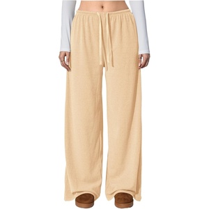 image:imageRoseSeek Womens Wide Leg Ribbed Knit Pants Drawstring Waist Low Rise Casual Long TrousersApricot Beige