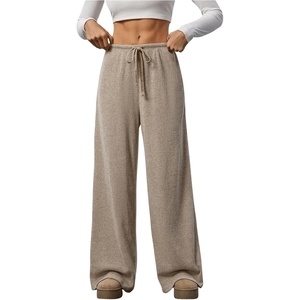 image:imageRoseSeek Womens Wide Leg Ribbed Knit Pants Drawstring Waist Low Rise Casual Long TrousersBrown