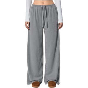 image:imageRoseSeek Womens Wide Leg Ribbed Knit Pants Drawstring Waist Low Rise Casual Long TrousersGrey