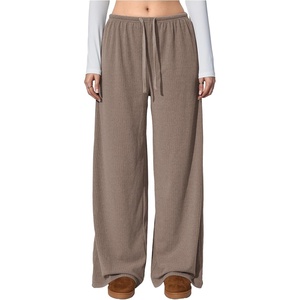 image:imageRoseSeek Womens Wide Leg Ribbed Knit Pants Drawstring Waist Low Rise Casual Long TrousersKhaki