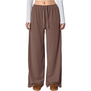 image:imageRoseSeek Womens Wide Leg Ribbed Knit Pants Drawstring Waist Low Rise Casual Long TrousersMedium Brown
