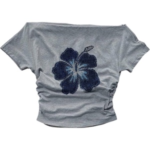 image:imageRoseSeek Womens Y2K Hibiscus Floral Graphic Tees Short Sleeve Ruched Off The Shoulder Tops Cute T ShirtsLight Grey