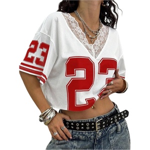 image:imageRoseSeek Womens Y2K Lace Mesh Jersey Shirts V Neck Short Sleeve Off The Shoulder Tops Crop Graphic TeesSolid White