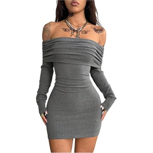 image:imageRoseSeek Womens Y2K Off Shoulder Foldover Knit Dress Streetwear Long Sleeve Bodycon Mini DressesGrey