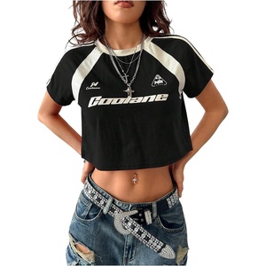 image:imageRoseSeek Womens Y2K Short Sleeve Crop T Shirts Striped Letter Graphic Tees Music Festival Crop TopsBlack