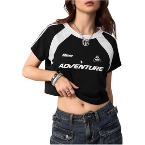 image:imageRoseSeek Womens Y2K Short Sleeve Crop T Shirts Striped Letter Graphic Tees Music Festival Crop TopsBlack White