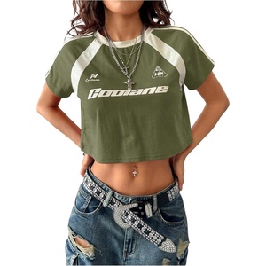 image:imageRoseSeek Womens Y2K Short Sleeve Crop T Shirts Striped Letter Graphic Tees Music Festival Crop TopsGreen