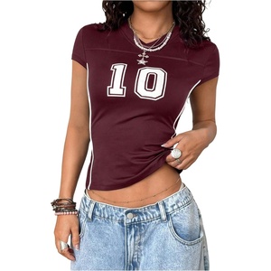 image:imageRoseSeek Womens Y2K Sporty Jersey Shirts V Neck Sleeve Tight Cropped Tees Street Graphic Summer TopBurgundy