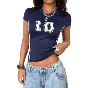 image:imageRoseSeek Womens Y2K Sporty Jersey Shirts V Neck Sleeve Tight Cropped Tees Street Graphic Summer TopDeep Blue