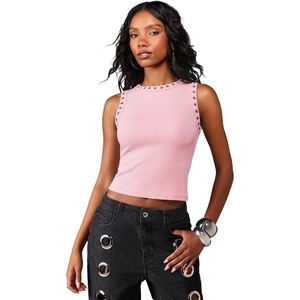 image:imageRoseSeek Womens Y2k Grommet Ribbed Knit Tank Top Mock Neck Sleeveless Summer Crop TopsPink
