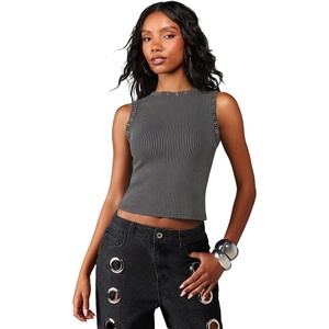 image:imageRoseSeek Womens Y2k Grommet Ribbed Knit Tank Top Mock Neck Sleeveless Summer Crop TopsPure Black