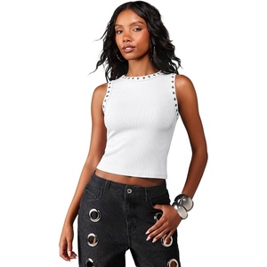 image:imageRoseSeek Womens Y2k Grommet Ribbed Knit Tank Top Mock Neck Sleeveless Summer Crop TopsWhite