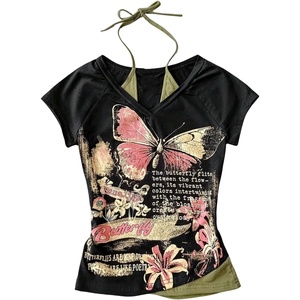 image:imageRoseSeek Womens Y2k Grunge Graphic Tees Short Sleeve 2 in 1 Halter T Shirts Vintage StreetwearBlack