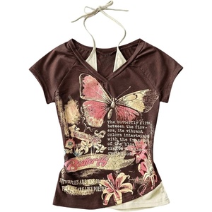 image:imageRoseSeek Womens Y2k Grunge Graphic Tees Short Sleeve 2 in 1 Halter T Shirts Vintage StreetwearBrown
