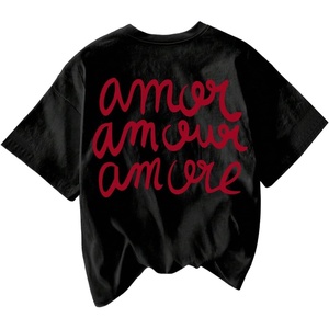 image:imageWomens Graphic Letter Tee Crew Neck Drop Shoulder Trendy Summer T Shirt Short Sleeve Vintage TopBlack and Red