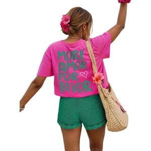 image:imageWomens Graphic Letter Tee Crew Neck Drop Shoulder Trendy Summer T Shirt Short Sleeve Vintage TopHot Pink Green