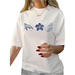 image:imageWomens Graphic Letter Tee Crew Neck Drop Shoulder Trendy Summer T Shirt Short Sleeve Vintage TopWhite and Floral Blue