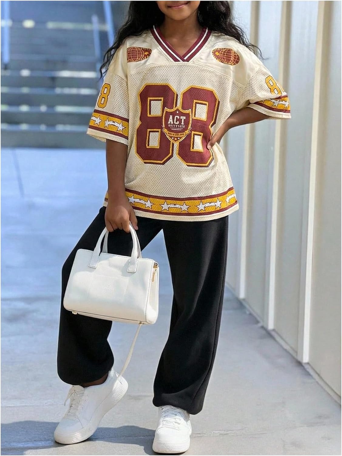 image:imageRoseSeek Girls Leopard Bows Graphic Tees Oversized Football Jersey Mesh Color Block Short Sleeve T ShirtMulticolor Brown
