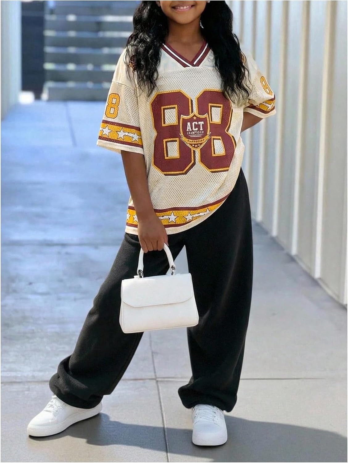 image:imageRoseSeek Girls Leopard Bows Graphic Tees Oversized Football Jersey Mesh Color Block Short Sleeve T ShirtMulticolor Brown