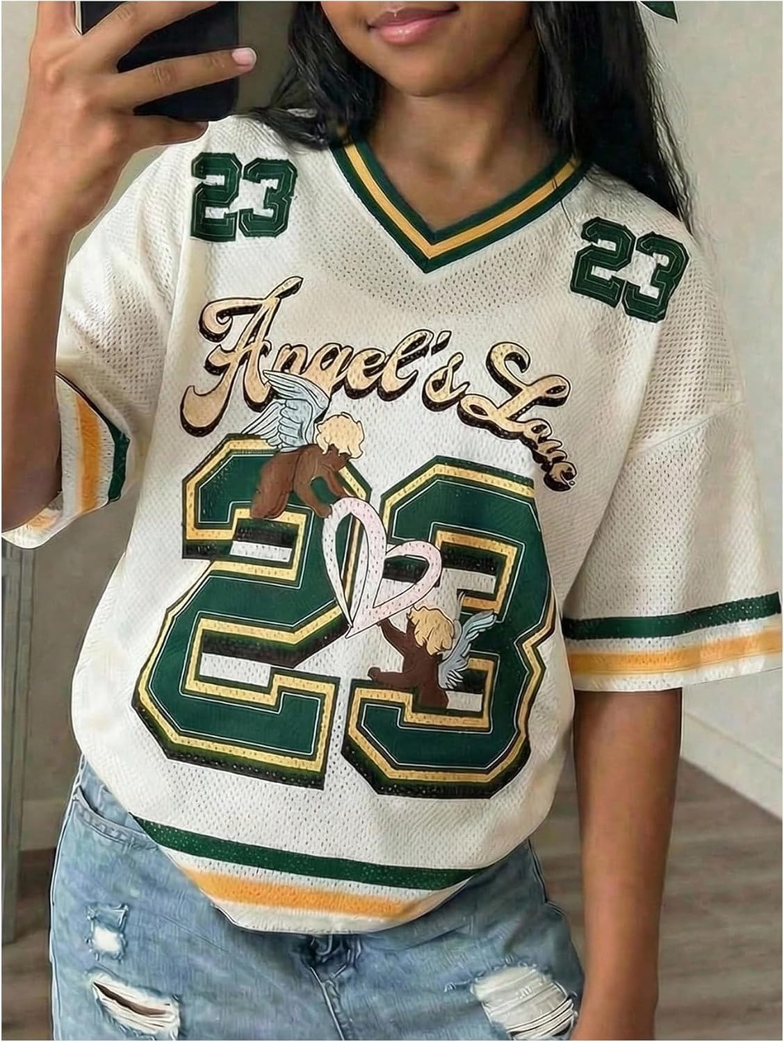 image:imageRoseSeek Girls Leopard Bows Graphic Tees Oversized Football Jersey Mesh Color Block Short Sleeve T ShirtMulticolor Green
