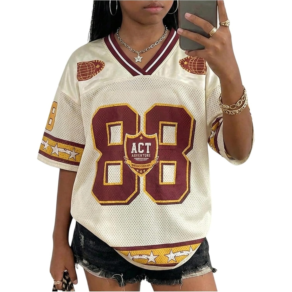image:imageRoseSeek Girls Leopard Bows Graphic Tees Oversized Football Jersey Mesh Color Block Short Sleeve T ShirtMulticolor Brown