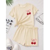 image:imageRoseSeek Girls 2 Piece Outfits Cherry Bow Graphic Tee Shirt and Shorts Set Cute Summer OutfitsApricot