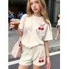 image:imageRoseSeek Girls 2 Piece Outfits Cherry Bow Graphic Tee Shirt and Shorts Set Cute Summer OutfitsBeige