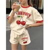 image:imageRoseSeek Girls 2 Piece Outfits Cherry Bow Graphic Tee Shirt and Shorts Set Cute Summer OutfitsBeige Red