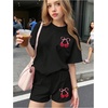 image:imageRoseSeek Girls 2 Piece Outfits Cherry Bow Graphic Tee Shirt and Shorts Set Cute Summer OutfitsBlack