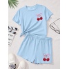 image:imageRoseSeek Girls 2 Piece Outfits Cherry Bow Graphic Tee Shirt and Shorts Set Cute Summer OutfitsBlue