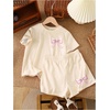 image:imageRoseSeek Girls 2 Piece Outfits Cherry Bow Graphic Tee Shirt and Shorts Set Cute Summer OutfitsBow Beige