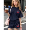image:imageRoseSeek Girls 2 Piece Outfits Cherry Bow Graphic Tee Shirt and Shorts Set Cute Summer OutfitsDeep Blue