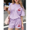 image:imageRoseSeek Girls 2 Piece Outfits Cherry Bow Graphic Tee Shirt and Shorts Set Cute Summer OutfitsMauve Purple
