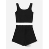 image:imageRoseSeek Girls 2 Piece Outfits Waffle Knit Scoop Neck Button Down Crop Tank Tops Paperbag Waist Track ShortsBlack