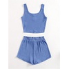 image:imageRoseSeek Girls 2 Piece Outfits Waffle Knit Scoop Neck Button Down Crop Tank Tops Paperbag Waist Track ShortsBlue