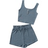 image:imageRoseSeek Girls 2 Piece Outfits Waffle Knit Scoop Neck Button Down Crop Tank Tops Paperbag Waist Track ShortsDusty Blue