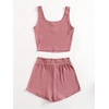 image:imageRoseSeek Girls 2 Piece Outfits Waffle Knit Scoop Neck Button Down Crop Tank Tops Paperbag Waist Track ShortsDusty Pink