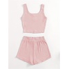 image:imageRoseSeek Girls 2 Piece Outfits Waffle Knit Scoop Neck Button Down Crop Tank Tops Paperbag Waist Track ShortsLight Pink