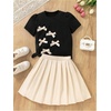image:imageRoseSeek Girls 2 Piece Preppy Summer Outfits 3D Bowknot T Shirt and Mini Pleated Skirts Clothing SetApricot