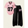 image:imageRoseSeek Girls 2 Piece Summer Outfits Number Graphic Short Sleeve Jersey Shirt and Cargo Pants Sets TrendyBlack and Pink