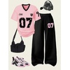 image:imageRoseSeek Girls 2 Piece Summer Outfits Number Graphic Short Sleeve Jersey Shirt and Cargo Pants Sets TrendyBlack and Pink