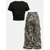 image:imageRoseSeek Girls 2 Piece Summer Outfits Short Sleeve Ruched Basic Tess and Camo Cargo Pants Sets TrendyBlack