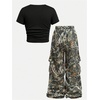 image:imageRoseSeek Girls 2 Piece Summer Outfits Short Sleeve Ruched Basic Tess and Camo Cargo Pants Sets TrendyBlack