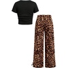 image:imageRoseSeek Girls 2 Piece Summer Outfits Short Sleeve Ruched Basic Tess and Camo Cargo Pants Sets TrendyBlack Cheetah