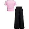 image:imageRoseSeek Girls 2 Piece Summer Outfits Short Sleeve Ruched Basic Tess and Camo Cargo Pants Sets TrendyBlack Number Pink
